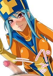 blue_hair blush bodysuit breasts censored clothing dragon_quest dragon_quest_iii erection gloves hat large_breasts latex latex_gloves okazu_musume penis penis_play pov priest_(dq3) pubic_hair red_eyes skin_tight slapping_penis smile