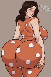 1girls 2d_(artwork) ass black_hair booty bottom_heavy brown_hair brunette_hair dress female fully_clothed hand_on_hip huge_ass long_hair michelle_rolan original_character polka_dot romper sarecule showing_off_ass truewaifu