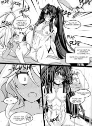 2girls 3girls abs arm_support blush breasts cumming_during_tribadism cumming_while_tribbing female female/female female_ejaculation female_only flexing flexing_bicep furina_(genshin_impact) genshin_impact hu_tao_(genshin_impact) lesbian_sex motion_lines multiple_girls muscles muscular_female nude nude_female pecs plap plapping_pussy polygamy pussy pussy_grinding pussy_to_pussy scars scissoring shaved_pussy spread_legs squirting star-shaped_pupils symbol-shaped_pupils tribadism twintails underwear yukiart_83 yuri