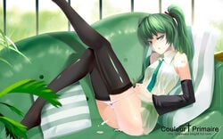 after_sex bare_shoulders black_legwear black_thighhighs blood bottomless couch cum cum_inside detached_sleeves green_eyes green_hair hatsune_miku highres kouichi_t leaf leg_lift legs legs_up long_legs panties plant pussy_juice sitting thighhighs thighs underwear virgin vocaloid wallpaper