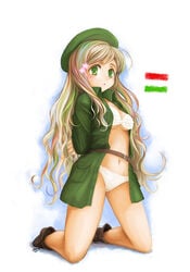 arms_behind_back axis_powers_hetalia beret bondage bra brown_hair curly_hair elizaveta_hedervary flower green_eyes hair_flower hair_ornament hat hungary_(hetalia) lingerie military military_uniform panties solo tied_up underwear uniform