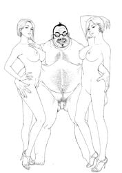 1male 2girls amber_bailey ass_grab asymmetrical_hair beard_stubble breasts censored character_request crazy_smile crystal_bailey dead_rising dead_rising_2 earrings facing_viewer fat_man female full_body glasses high_heels highres human jewelry large_breasts line_art long_hair looking_at_viewer medium_breasts monochrome mosaic_censoring multiple_girls mustache naked_footwear naked_heels neckbeard nipples nude open_mouth randall_tugman randy_tugman short_hair siblings simple_background sisters sketch soul_patch standing stubble sww13 twins ugly_bastard ugly_man white_background