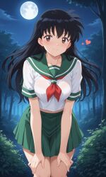 1girls ai_generated black_hair brown_eyes clothed female female_only floating_heart forest green_skirt hands_on_knees heart_symbol her_brother_drives_a_subaru inuyasha kagome_higurashi leaning_forward long_hair medium_breasts midriff_showing moon night outdoors pleated_skirt sailor_uniform school_uniform schoolgirl schoolgirl_uniform self_upload serafuku skirt smile solo stable_diffusion
