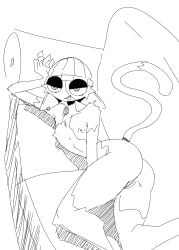 anthro birriadelmal313 breasts calico_cat clothing domestic_cat epic_games felid feline felis female fortnite furniture genitals hat headgear headwear hi_res looking_at_viewer lying mammal meow_skulls monochrome mostly_nude nipples pose posing_nude sketchy small_breasts sofa solo vulva wool_clothing wool_hat wool_headwear