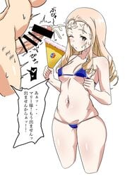 1boy bikini blonde_hair blue_eyes blush breasts cum facial female girls_und_panzer marie_(girls_und_panzer) medium_breasts navel one_eye_closed swimwear tavor_(m_tavor)