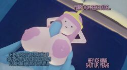 3d 3d_(artwork) adventure_time annoyed annoyed_expression arms_behind_head bed bedroom blue_skin bored bored_expression dreams fat_boobs holding_breast huge_breasts ice_king laying_down laying_on_back laying_on_bed nipples paizuri pink_hair pink_nipples pink_skin princess_bubblegum reluctant text uninterested uninterested_female uninterested_sex unseen_male_face