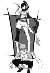 1boy :/ absurdres bandaged_arm bandages belt black_star boots chains commentary female full_body greyscale highres holding holding_weapon kekel kusarigama looking_at_viewer monochrome nakatsukasa_tsubaki pants ponytail scarf shirt short_hair sickle single_thighhigh skindentation sleeveless sleeveless_shirt soul_eater spiked_hair squatting standing_on_person studded_belt symbol-only_commentary thighhighs thighs weapon white_background