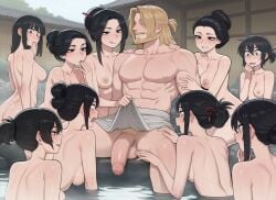 ai_generated asian_female bath big_penis black_hair blonde_hair funtrashanon harem light-skinned_male multiple_girls penis_awe