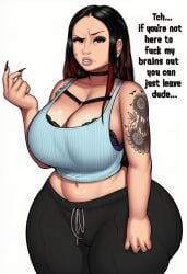 1girls ai_generated ass black_hair booty breasts cleavage dialogue emo eyebrows_raised female female_only gigantic_ass goth goth_girl hips huge_as huge_ass huge_boobs huge_breasts huge_hips large_ass large_breasts light-skinned_female lingerie lubbasdump solo sweatpants wide_hips