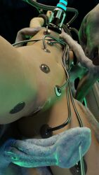 alien alien_abduction bondage bottom_view breast_milking breasts electrodes electrostimulation female knotted_penis machine male milking_machine penis precum_string ralic_turman small_breasts taped_penis tongue_out wet_pussy