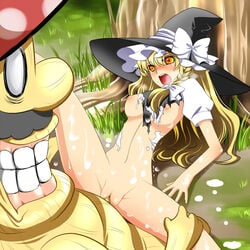 blush bottomless braid breasts censored cum female grin hanamo_daiou hat human large_breasts long_hair lying male marisa_kirisame mushroom no_bra orange_eyes penis rape sex smile spread_legs straight torn_clothes touhou tree vaginal_penetration what witch_hat yellow_eyes