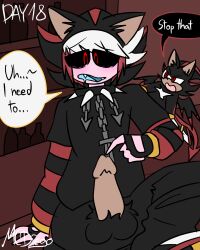 1boy ash_(ashdiary) balls boner bulge bulge_through_clothing bulge_under_clothes chains challenge collar demon dialog dialogue dialogue_box dialogue_bubble edgy emo emo_boy exhibition exhibitionism exhibitionist fur furry fursuit goth goth_boy hairy hairy_balls hairy_body hairy_male male male_only mcdiego no_nut_november oc original original_character outdoor_nudity outside public sega shadow_the_hedgehog shadow_the_hedgehog_(cosplay) skinsuit solo sonic_(series) sonic_the_hedgehog_(series) speech speech_bubble spiked_collar text text_box text_bubble
