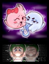 1boy 2025 2girls antojadorvrd blue_body blue_eyes boo_(mario) brown_hair closed_eyes dialogue eyelashes facial_hair female flashlight ghost green_hat green_shirt hat holding_flashlight light-skinned_male light_skin long_tongue looking_at_viewer luigi luigi&#039;s_mansion male mario_(series) nintendo open_mouth part_1 pink_body scared scared_expression seductive seductive_smile shivering tongue tongue_out