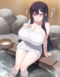 ai_generated black_hair breasts female hot_spring huge_breasts long_hair nozomi_(akitokage01) purple_eyes schoolgirl towel tsundere