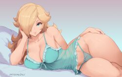 1girls 2025 aqua_nightgown aqua_panties artist_name ass ass_visible_through_thighs big_ass big_breasts bimbo blonde_hair blue_background blue_eyes blue_panties blush bow bow_panties bra breast_hold breasts cleavage closed_mouth collarbone curvy earrings english_commentary female garter_straps grabbing_own_breast gradient_hair grey_background hair_over_one_eye hi_res high_quality high_resolution highres huge_ass huge_breasts jewelry large_breasts lingerie lips long_hair looking_at_viewer lying mario_(series) multicolored_hair navel nightgown nintendo nipples on_side panties parted_lips patreon patreon_username pillow princess_rosalina rosalina simple_background skindentation smile solo star_(symbol) star_earrings super_mario_bros. super_mario_galaxy sweat thick_thighs thigh_gap thighs underwear underwear_only watermark web_address wide_hips zelc-face