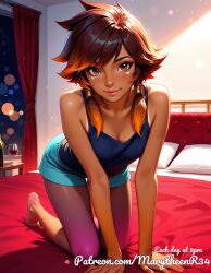1girls ai_generated bed brown_eyes brown_hair compact_frame long_eyelashes medium_lips narrow_shoulders oval_face short_wavy_hair slender_build soft_jawline straight_nose subtle_cheekbones taliyah tan_skin thin_eyebrows
