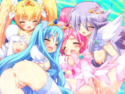 4girls blonde_hair blue_hair blush bukkake censored clothing cum cum_on_hair cure_blossom cure_marine cure_moonlight cure_sunshine emily_(artist) erika_kurumi heartcatch_precure! heartcatch_pretty_cure! itsuki_myoudouin magical_girl medium_breasts multiple_girls pink_hair precure pretty_cure purple_hair pussy pussy_juice small_breasts spread_legs stockings super_form super_silhouette tsubomi_hanasaki yuri_tsukikage