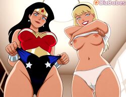 2girls ai_generated black_hair blonde_hair blue_eyes breasts breasts_out cameltoe dc dc_comics dcau dizbabes exposed_breasts female_only grin hairband justice_league justice_league_unlimited kara_zor-el leotard lifting_own_shirt lifting_shirt lipstick long_hair looking_at_viewer looking_down midriff navel panties pov_from_below red_lips shirt shirt_lift side_by_side smile smiling_at_viewer stable_diffusion standing standing_over_viewer supergirl supergirl_(dcau) superhero_costume superheroine tiara undressing white_panties wonder_woman