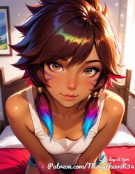 ai_generated brown_eyes brown_hair compact_frame long_eyelashes medium_lips narrow_shoulders oval_face short_wavy_hair slender_build soft_jawline straight_nose subtle_cheekbones taliyah tan_skin thin_eyebrows