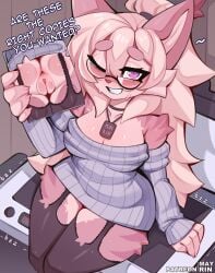 anthro anus big_breasts blonde_hair blush bodily_fluids breasts brown_body brown_fur cleavage clothed clothed_anthro clothed_female clothing eyewear felid feline female fur genitals glasses glistening glistening_breasts hair hi_res legwear long_hair long_sleeves looking_at_viewer lynx mammal mayrin_(artist) mayrin_(character) multicolored_body multicolored_fur no_underwear one_eye_closed ponytail printer purple_eyes sitting smile smirk solo sweat sweaty_breasts sweaty_face sweaty_legs sweaty_thighs thick_thighs thigh_highs vulva wink winking_at_viewer