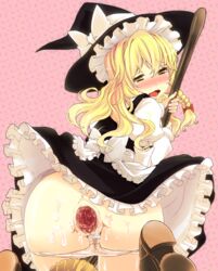 anus ass blonde_hair blush braid broom censored cervix cum cum_on_body cum_on_lower_body gaping hat highres kaneru long_hair looking_back marisa_kirisame panties panty_pull pussy saliva single_braid solo spread_pussy sweat tear touhou underwear wavy_mouth white_panties witch_hat yellow_eyes