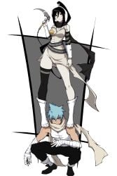 1boy 2025 2d 2d_(artwork) :/ absurdres aura_farming bandaged_arm bandages belt black_eyes black_hair black_pants black_scarf black_star black_thighhighs blue_hair boots chains commentary female full_body highres holding holding_weapon kekel kusarigama looking_at_viewer nakatsukasa_tsubaki not_porn pants ponytail posing scarf sfw shirt short_hair sickle single_thighhigh skindentation sleeveless sleeveless_shirt soul_eater spiked_hair squatting standing_on_person studded_belt symbol-only_commentary thighhighs thighs weapon white_background white_boots white_scarf white_shirt