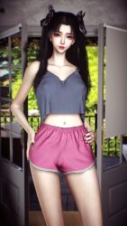 1girls 3d 4k asian asian_female balcony belly belly_button black_hair blue_eyes breasts chromatic_aberration clothed clothing crashbanditkut curvaceous day daytime depth_of_field erect_nipples eyebrows eyelashes fate/stay_night fate_(series) female female_focus hair hair_ribbon hi_res high_resolution highres human light-skinned_female light_skin lips long_eyelashes long_hair long_nails looking_at_viewer nail_polish nails nails_painted navel red_nails shorts small_breasts solo solo_female solo_focus thick_thighs thighs tohsaka_rin topwear tree twintails virt-a-mate virtamate