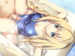 amilias aqua_eyes bath bathtub blonde_hair blue_eyes breasts cameltoe censored cfnm cleavage clothed_female_nude_male dutch_angle from_above game_cg grinding hitsujimura_saki large_breasts long_hair lying mixed_bathing one-piece one-piece_swimsuit outercourse penis spread_legs swimsuit tied_hair twintails wet wondering_repair