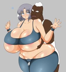 breast_press breasts breasts_bigger_than_head codeyumi curvy curvy_body curvy_female curvy_figure curvy_thighs dark-skinned_male dark_skin fluids_genitals gym_clothing huge_breasts large_breasts older_male older_male_and_younger_female plump precum senran_kagura senran_kagura_(series) shiny_skin voluptuous voluptuous_body voluptuous_female younger_female yumi_(senran_kagura)