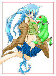 blue_eyes blue_hair blush breasts censored coat eria eria_the_water_charmer gigobyte long_hair nipples no_bra no_panties red_eyes shirt_pull tear wand yu-gi-oh! yuu-gi-ou_duel_monsters