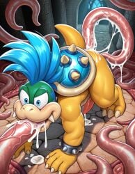 3_toes 4_fingers ai_generated all_fours anal anal_sex animal_genitalia animal_penis blue_hair bodily_fluids bracelet bracelets castle_background claws collar cum cum_in_ass cum_in_mouth cum_inside cum_on_ground fangs feet feral fingers genital_fluids genitals hair jewelry koopa koopaling larry_koopa male mario_(series) muscular oral oral_penetration penetration penis scalie sex shell solo spiked_bracelet spiked_collar spiked_shell spikes spikes_(anatomy) stone_floor stone_wall tapering_penis teeth tentacle tentacle_in_ass tentacle_in_mouth tentacle_penetration tentacle_sex toes vein wall_(structure) yellow_body yiff_ai_(director)