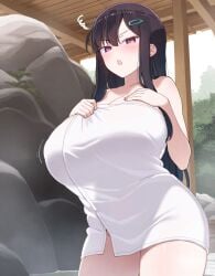 ai_generated black_hair breasts female hot_spring huge_breasts long_hair nozomi_(akitokage01) purple_eyes schoolgirl towel tsundere