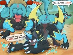 anal ass_to_ass cum_dumpster electric furry gay knot knotted_penis knotting_position lucario mega mega_evolution mega_lucario mega_zeraora pokemon retromander reverse_doggystyle zeraora
