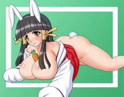 animal_ears arcana_heart ass blush bottomless breasts bunny_ear carrot cleavage gloves kasuga_maori large_breasts no_panties tail