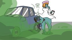 alien beret blonde_hair blue_skin bowldechet car fart farting female heels labcoat naked scat scientist smell thinking