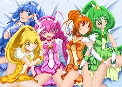 censored clothing dress erect_nipples erect_nipples_under_clothes fingering hino_akane hoshizora_miyuki kaoru_tamaki midorikawa_nao pretty_cure reika_aoki small_breasts smile_precure yayoi_kise yuri