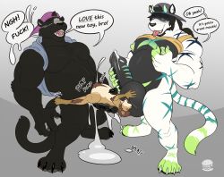 anthro ball_lick balls bodily_fluids clothing cum cum_drip cum_inside dialogue diddydoo dripping english_text erection felid feline furry genital_fluids genitals group hat headgear headwear inflation licking male male/male mammal nipple_fetish nipple_pinch nipple_play objectification oral original penis pinch sex size_difference size_play text tongue tongue_out toy trio
