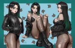 1girls april_(sciamano240) black_bra black_hair black_panties cross_earrings feline female fishnets green_eyes green_hair leather_clothing leather_jacket mirco_cabbia multicolored_hair oc original original_character pale-skinned_female pale_skin pantyhose ripped_pantyhose sciamano240 simple_background solo solo_female