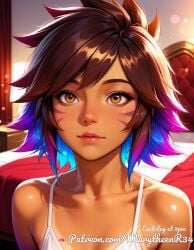 ai_generated brown_eyes brown_hair compact_frame long_eyelashes medium_lips narrow_shoulders oval_face short_wavy_hair slender_build soft_jawline straight_nose subtle_cheekbones taliyah tan_skin thin_eyebrows