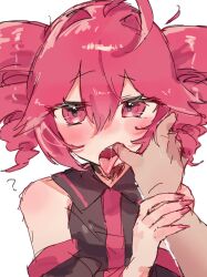 1boy 1girls 2d 2d_(artwork) ahoge blush clothed clothed_female clothing detached_sleeves female finger_in_mouth fully_clothed horny horny_female kasane_teto long_nails male nail_polish offscreen_character offscreen_male open_mouth painted_nails red_eyes red_hair red_nails saliva saliva_string simple_background submissive submissive_female suggestive suggestive_look suggestive_posing tongue tongue_out twin_drills upper_body upper_body_focus utau white_background