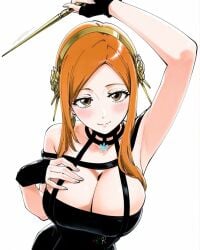 1girls about_to_burst animerch arm_up armpits barely_contained barely_contained_breasts barely_fits big_breasts black_choker black_dress black_gloves bleach blush breasts breasts_too_big brown_eyes bursting_breasts choker cleavage closed_mouth dress female female_only gloves huge_breasts imminent_wardrobe_malfunction inoue_orihime jewelry large_breasts light-skinned_female long_hair looking_at_viewer orange-haired_female orange_hair slim_waist solo spy_x_family striped thorn_princess_(cosplay) tight_clothes tight_clothing tight_dress tight_fit too_tight undersized_clothes undersized_clothing vertical_stripes yor_briar_(cosplay)