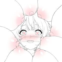 big_breasts blush breasts_everywhere breasts_in_face breasts_out face_in_breasts heart-shaped_pupils huge_breasts large_breasts looking_happy monochrome victoriaokeanova