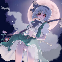 blush censored dress_shirt flower from_below fujii fujii_jun full_moon hairband moon myon navel no_panties open_clothes open_shirt pussy red_eyes sarashi scabbard sheath shirt short_hair silver_hair skirt skirt_lift solo sword touhou vest weapon white_hair youmu_konpaku youmu_konpaku_(ghost)