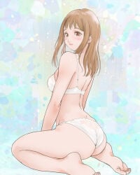 1girl abstract_background arms_at_sides ass barefoot blush bra breasts brown_eyes brown_hair closed_mouth commentary_request from_side full_body highres lace lace_panties long_hair looking_to_the_side medium_breasts natural_wedgie original panties picot_trim_panties puu_taisa sitting soles solo turning_head underwear wariza wedgie white_bra white_panties