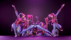 3d 3d_(artwork) 5girls alien alien_girl big_ass clones glowing_genitalia glowing_pussy harlequin jack-o_pose looking_at_viewer mirage_(warframe) multiple_girls spread_legs sumsmutwriter thick_thighs warframe