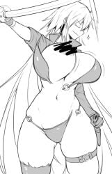 big_breasts breasts female monochrome nia_i smile sword tagme