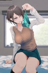 1girls akiyama_cz4a bed bedroom breasts brown_hair female green_panties highres holding holding_clothes holding_panties holding_underwear large_breasts original panties short_hair sitting skirt solo sweater_vest turquoise_panties underwear window