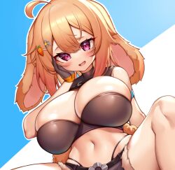 ahoge blonde_hair blush breasts bunny_ears bunny_gif bunny_girl cleavage indie_virtual_youtuber kaptivate large_breasts long_hair looking_at_viewer magenta_eyes midriff open_mouth smile spillage spread_legs virtual_youtuber