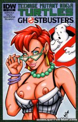 big_breasts breasts comic_cover crossover eyeshadow garrett_blair ghostbusters glasses idw_comics idw_publishing janine_melnitz logo looking_at_viewer necklace shirt_down teenage_mutant_ninja_turtles the_real_ghostbusters