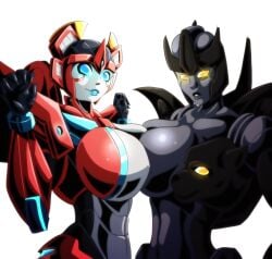 2girls alien alien_girl anonymous_artist arms_up autobot beast_wars big_breasts blue_eyes breast_docking breasts breasts_to_breasts cybertronian fan_character female female_only first_porn_of_character gynoid helmet lips looking_at_viewer multicolored_body multiple_girls original_character original_characters red_tail_(transformers) robot robot_girl robot_humanoid sideboob smiling smiling_at_viewer transformers travesty_(transformers) white_background yellow_eyes